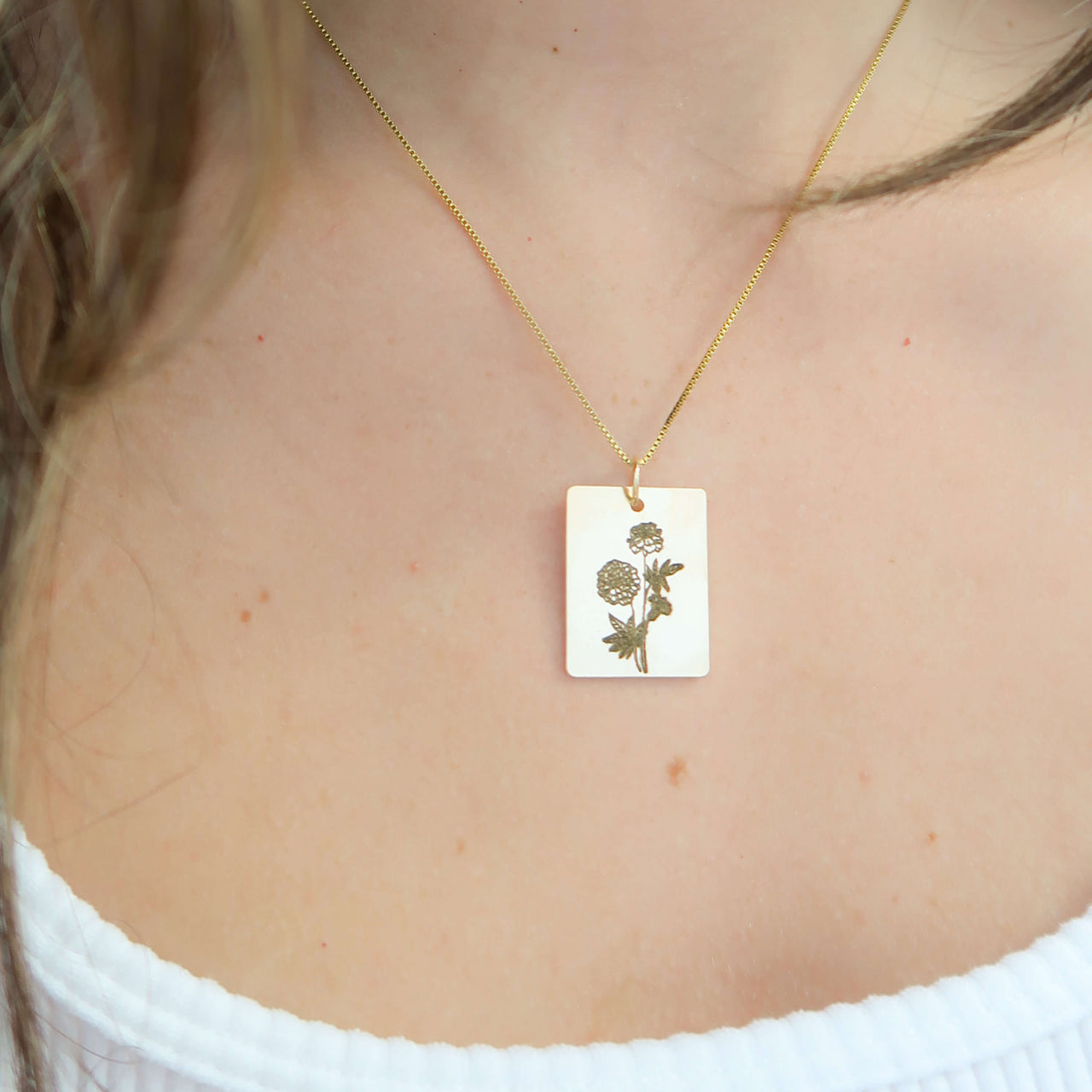 Gold Personalized Square Birth Flower Necklace