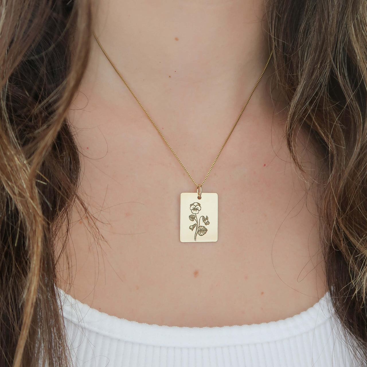 Gold Personalized Square Birth Flower Necklace