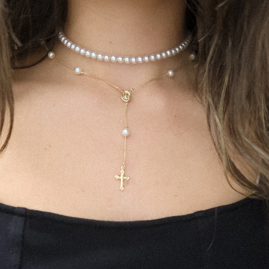 Gold Pearl Beads Rosary Necklace