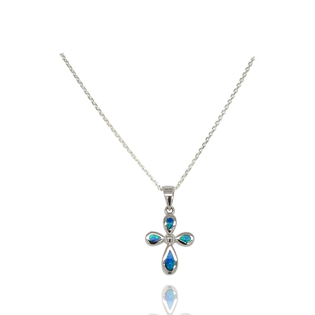 Silver Blue Opal Floral Cross Necklace