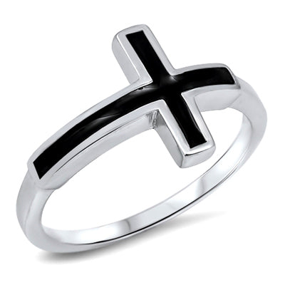 Silver Sideways Cross Black Stone Ring