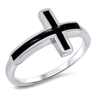 Thumbnail for Silver Sideways Cross Black Stone Ring