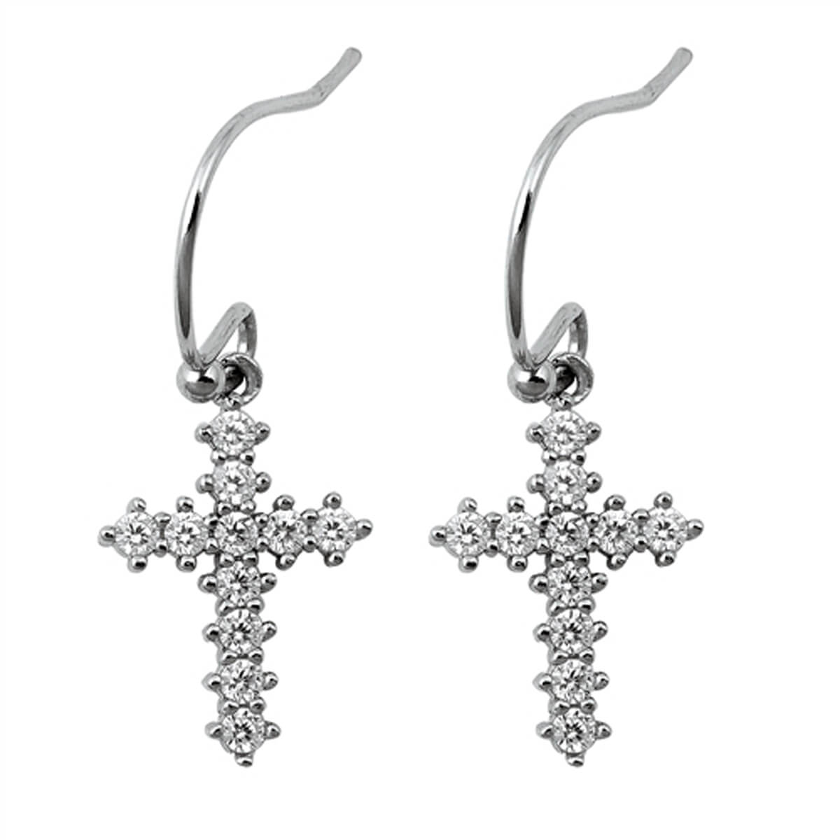 Silver Cross CZ Dangling Earrings