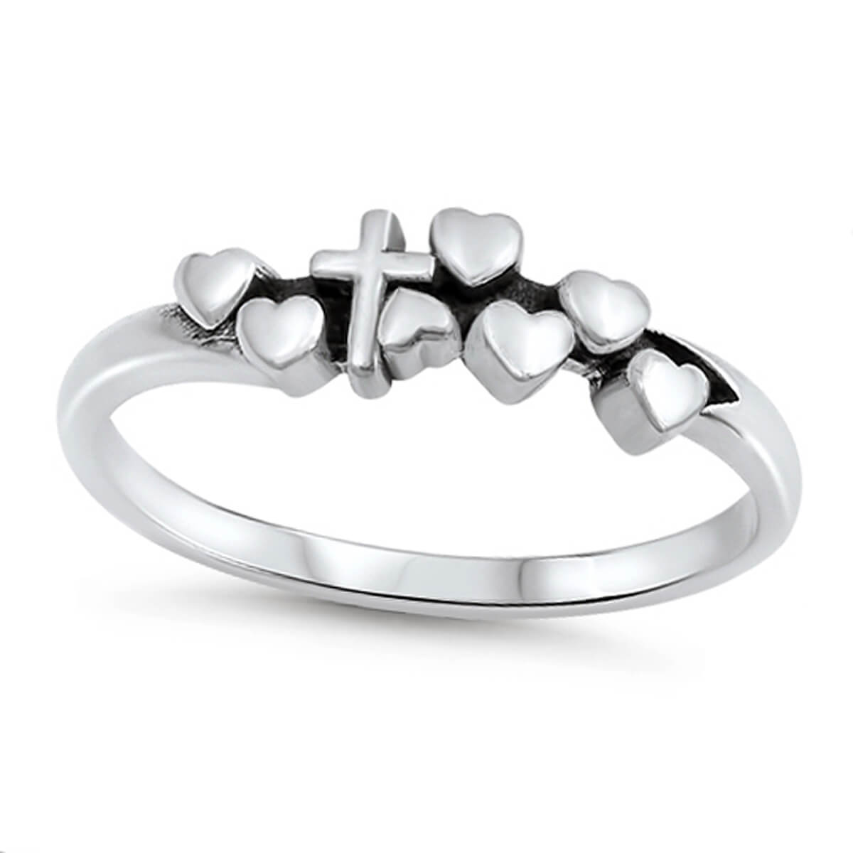 Silver Cross With Hearts Ring